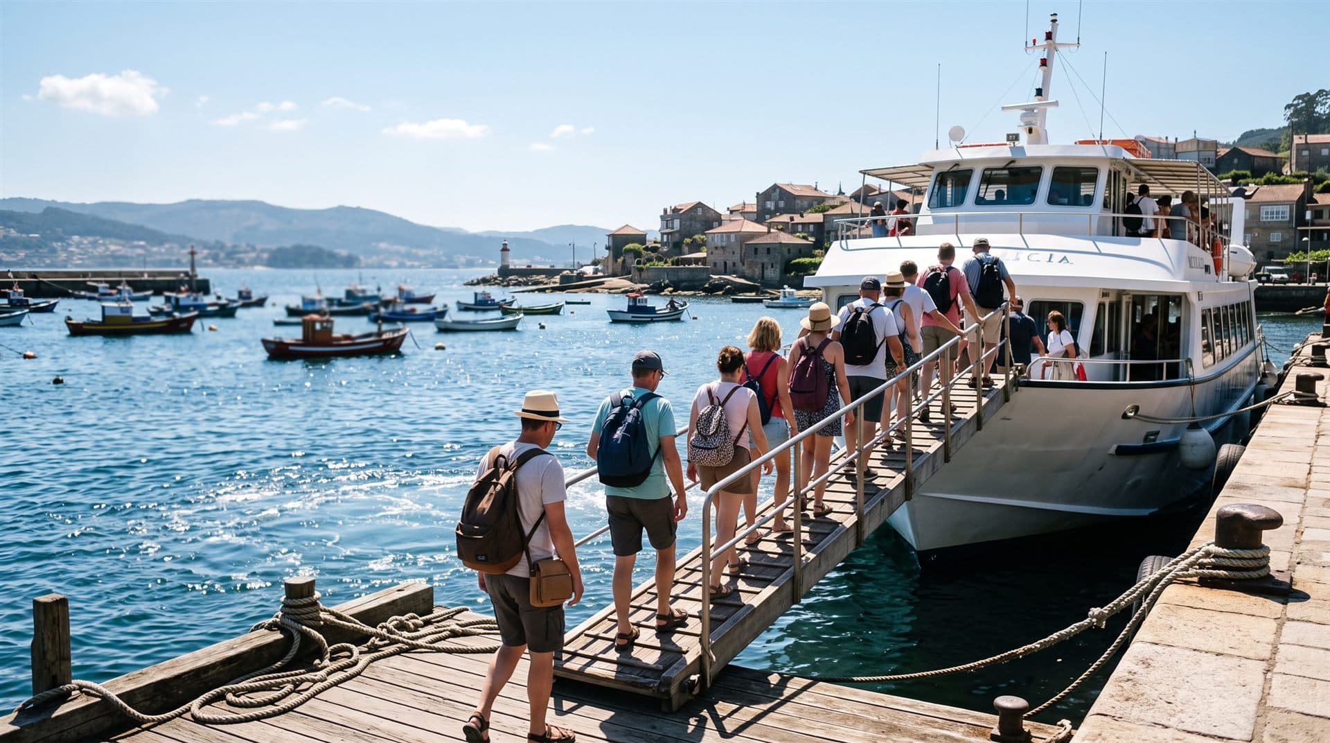 Turistas embarcando para visitar las islas atlánticas de Galicia en verano